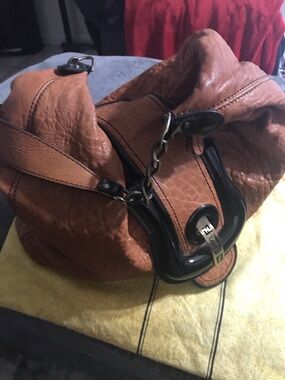 FENDI Hibo Brown Leather Shoulder Bag with Black Trim